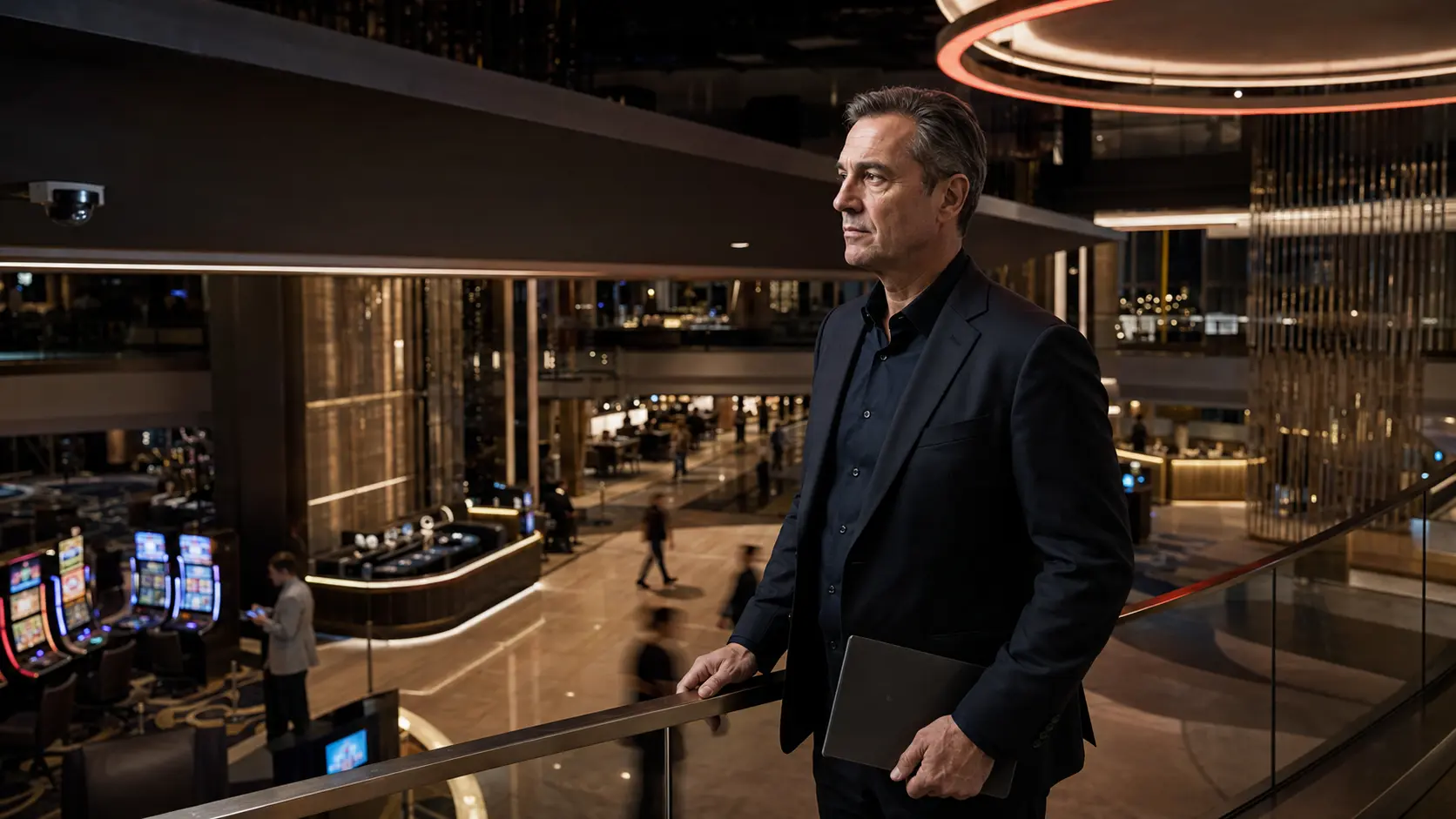 Casino yöneticisi, 2026’da sektörü şekillendiren teknoloji ve operasyon trendlerini yansıtan modern integrated resort alanını gözlemliyor.