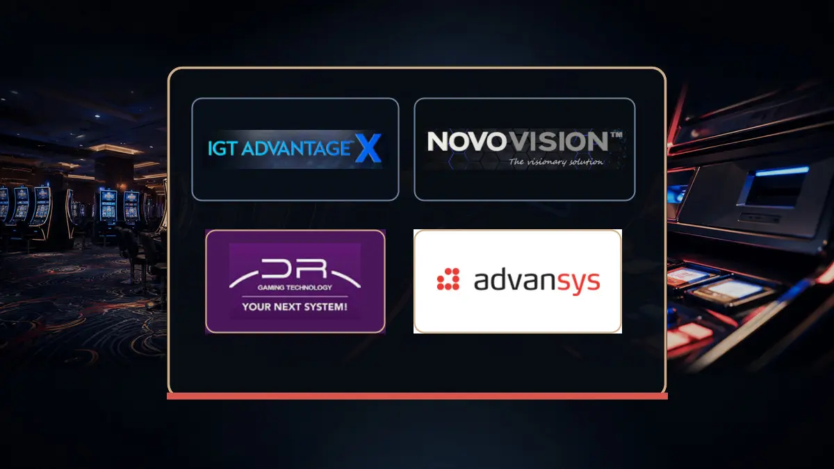 Cashless gaming sistemleri, slot makineleri ve IGT Advantage X, NOVOVISION, DR Gaming Technology ile Advansys logolarından oluşan kolaj