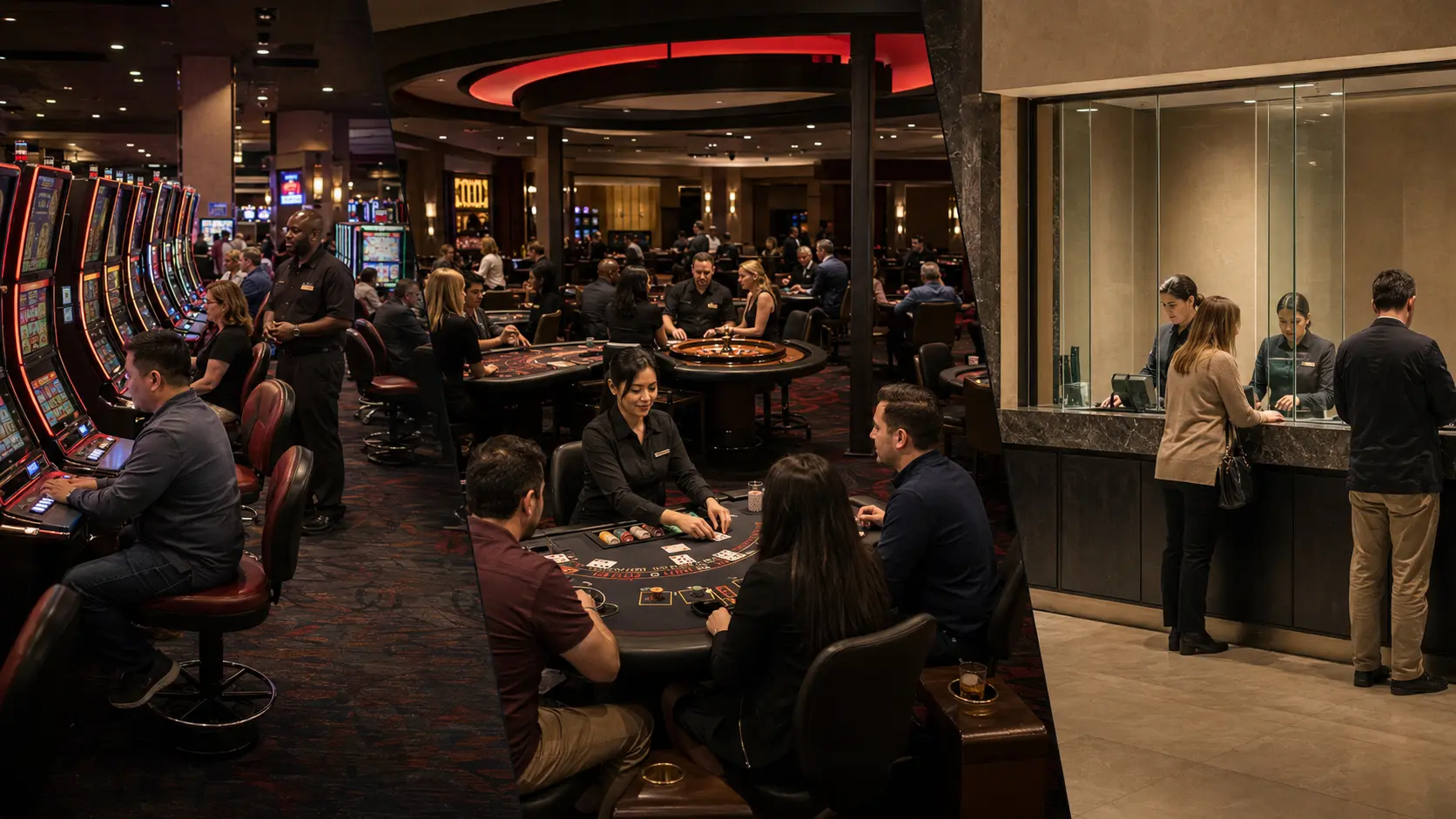 Casino departmanları arası koordinasyon için slot bankları, masa oyunları ve kasadaki müşteri işlemlerini gösteren operasyon kolajı