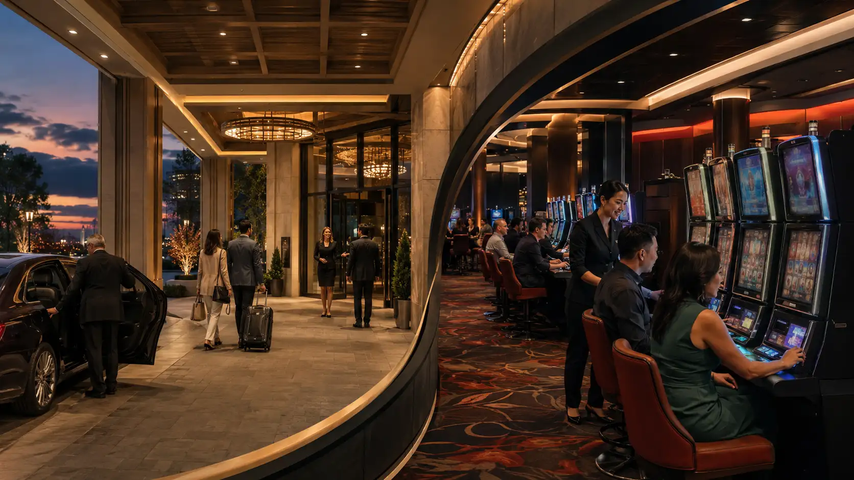 Casino oyuncu değerlemesi için casinoya gelen misafirleri ve slot makinelerinde oynayan oyuncuları gösteren ziyaret davranışı kolajı