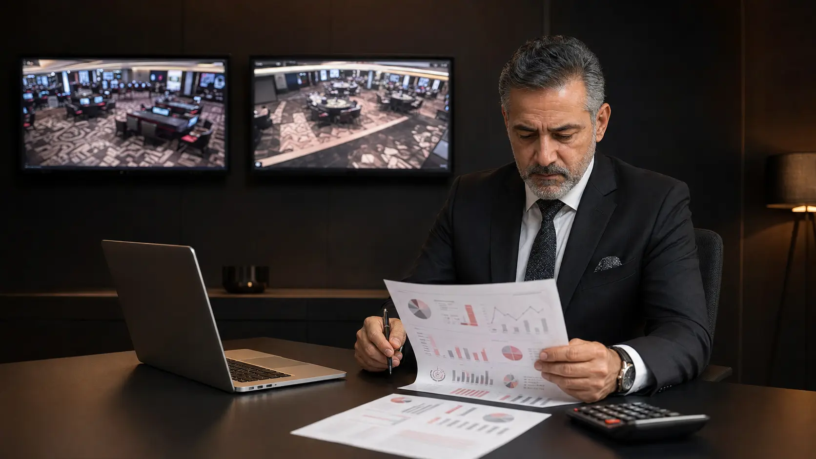 Casino yöneticisi, CCTV ekranları önünde discount oranı ve finansal risk raporlarını analiz ediyor.