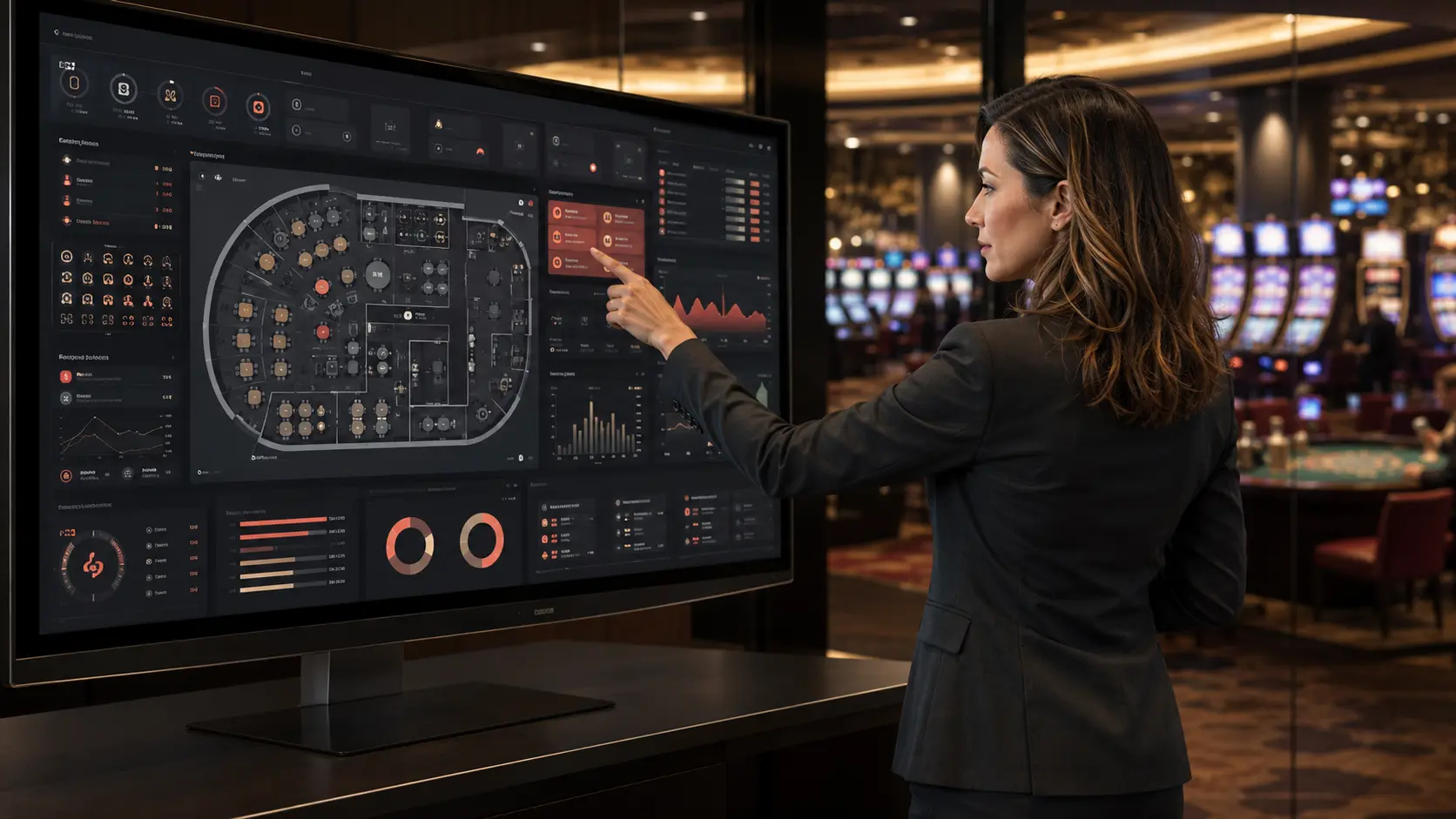 Gerçek zamanlı casino dashboardu ekranına işaret eden kadın casino yöneticisi
