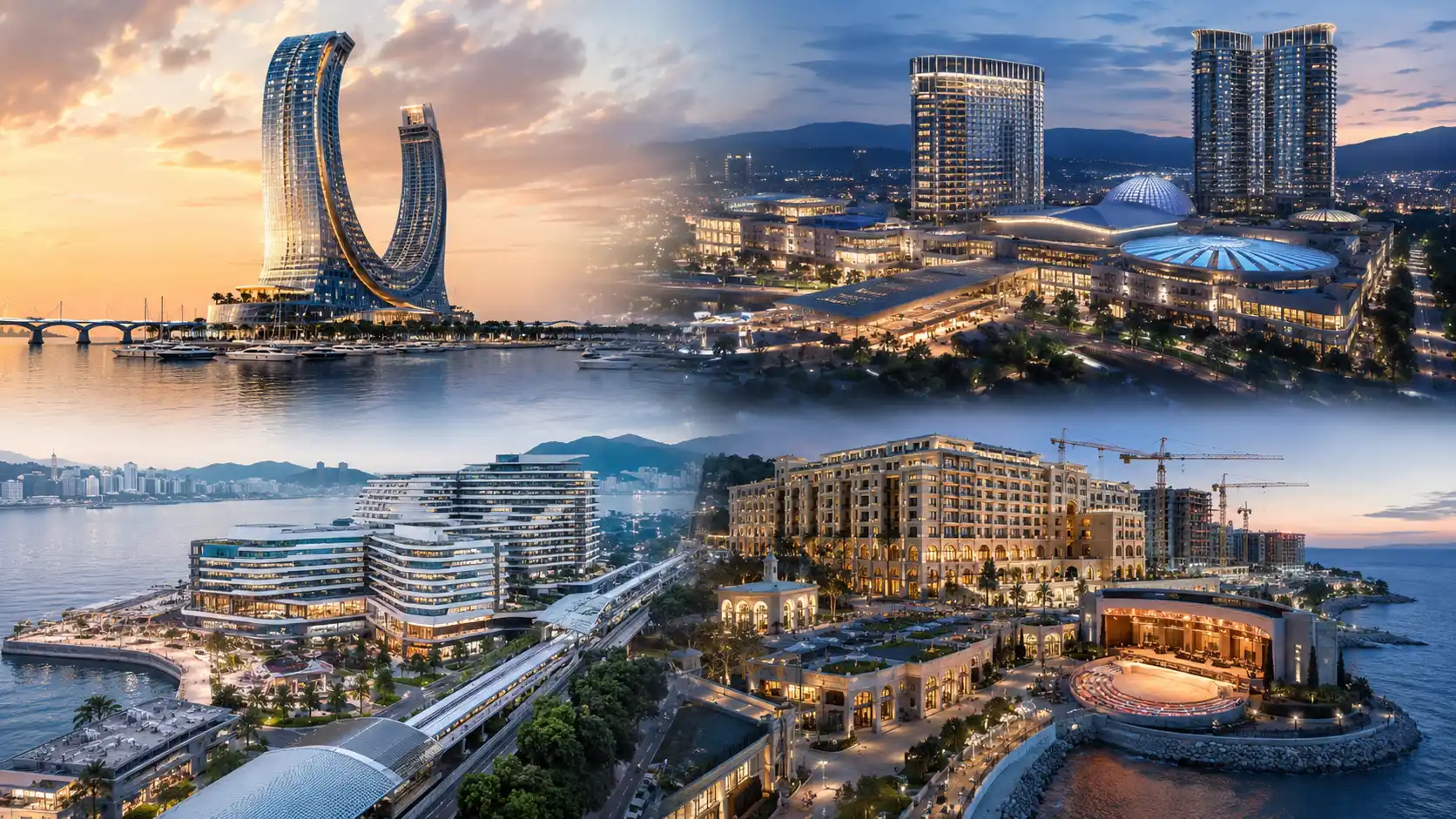 Integrated resort yatırımları için otel, marina, eğlence ve casino komplekslerini gösteren mimari kolaj