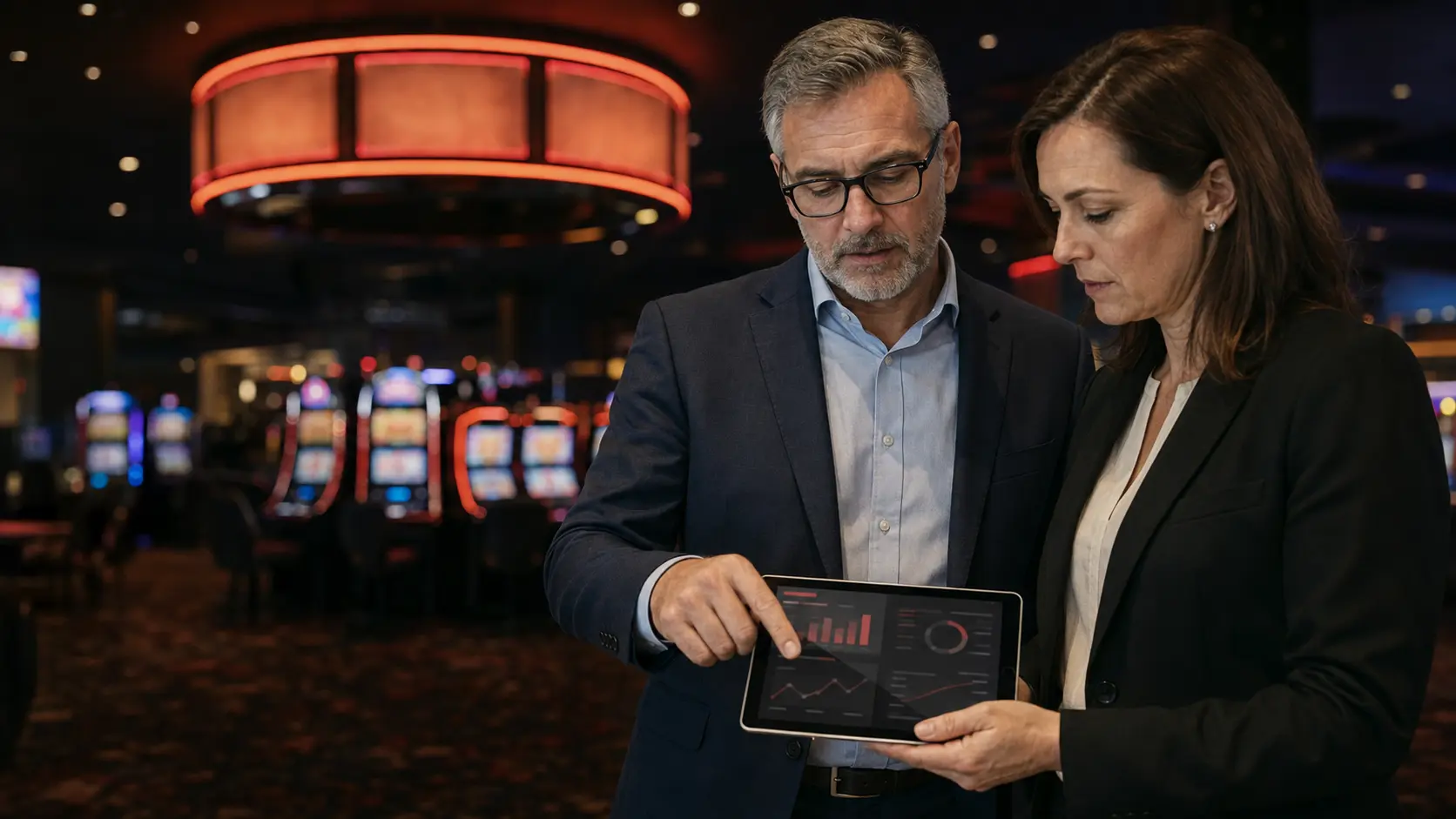 Slot yöneticisi ve finans kontrolörü, casino zemininde jackpot parametreleri ile increment oranını değerlendiriyor.