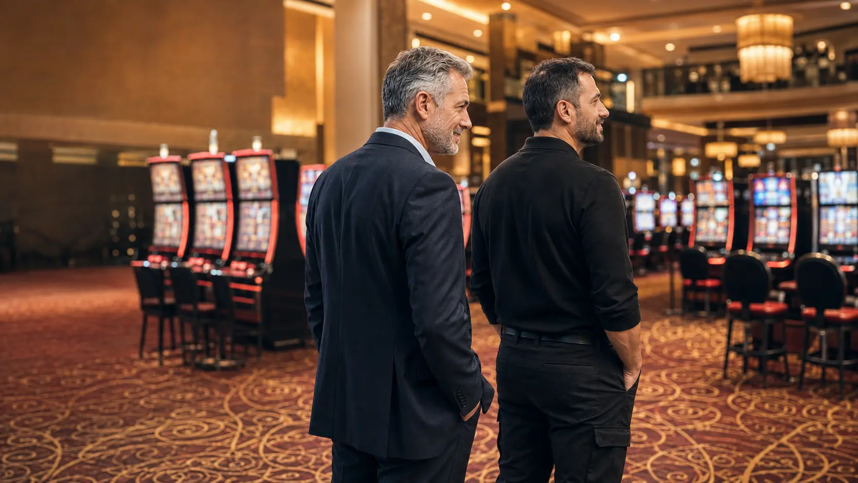 Slot yöneticisi ve teknisyen oyun conversion seçeneklerini ve teknik yapılandırmayı değerlendiriyor.