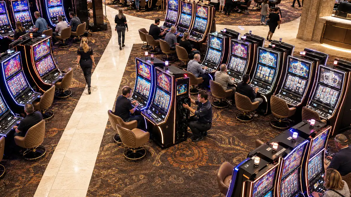 Slot meter tutarsızlıkları için yoğun casino salonundaki slot banklarını gösteren yüksek açılı CCTV görünümü