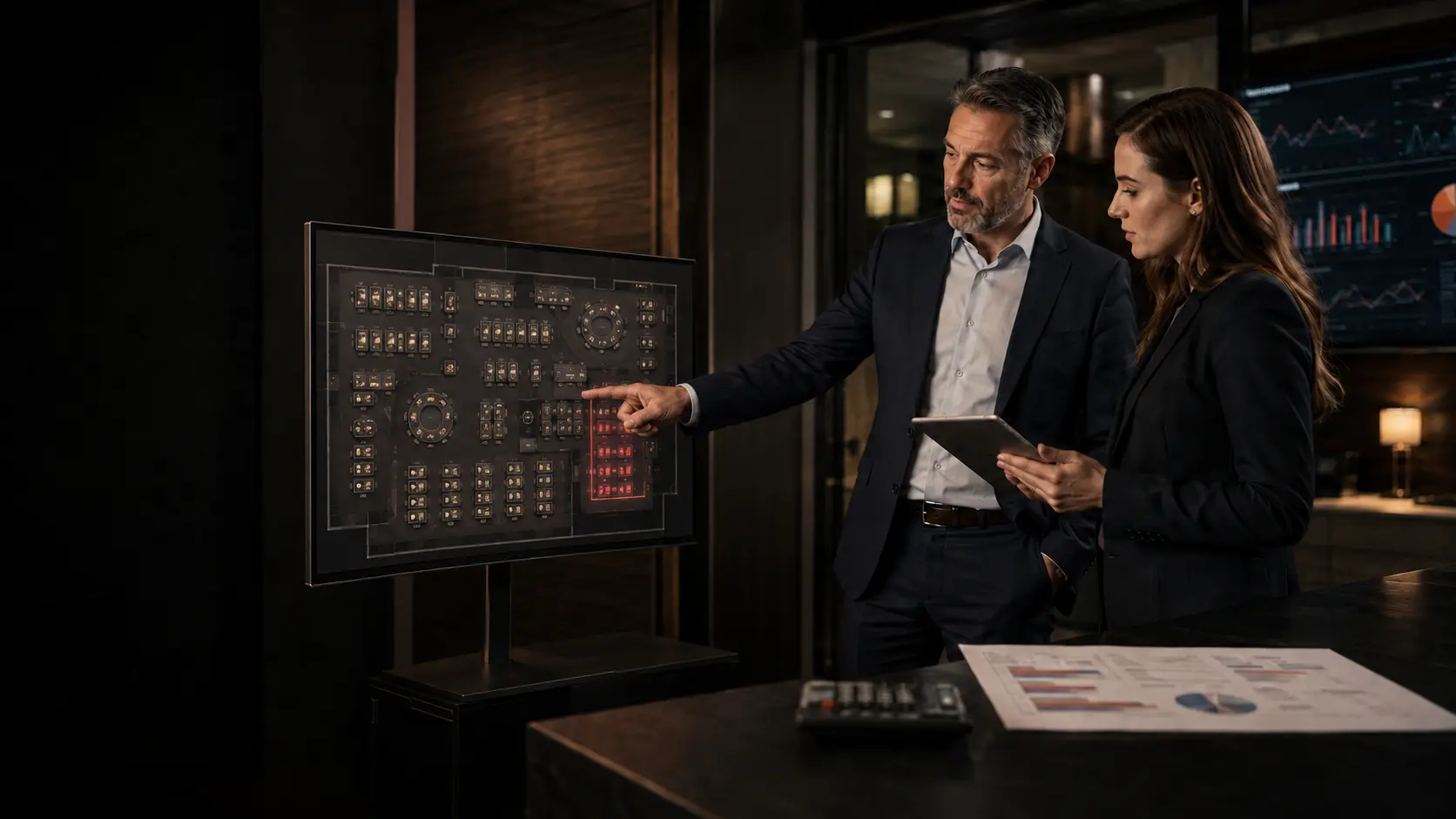 Slot operasyonları yöneticisi ve finans analisti, yeni bir slot makinesinin test performansını ve yatırım getirisini değerlendiriyor.