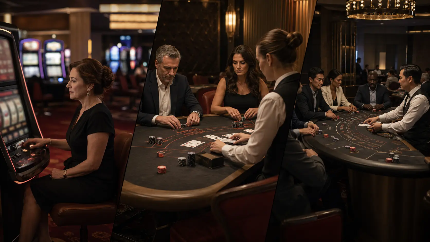 Yüksek ciro yapan oyuncu değerlendirmesi için slot ve masa oyuncularından oluşan casino kolajı