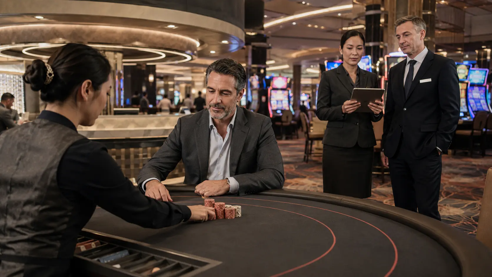 Kazanan oyuncunun değerini değerlendiren casino yöneticileri ve masa oyunu ödemesi