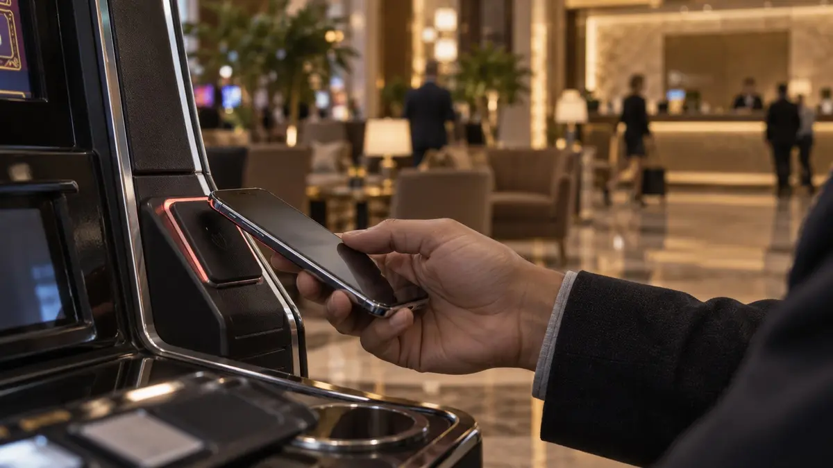 cashless-gaming-uygulamalari-2026-featured Slot makinesinin temassız okuyucusuna akıllı telefonunu yaklaştıran casino misafiri