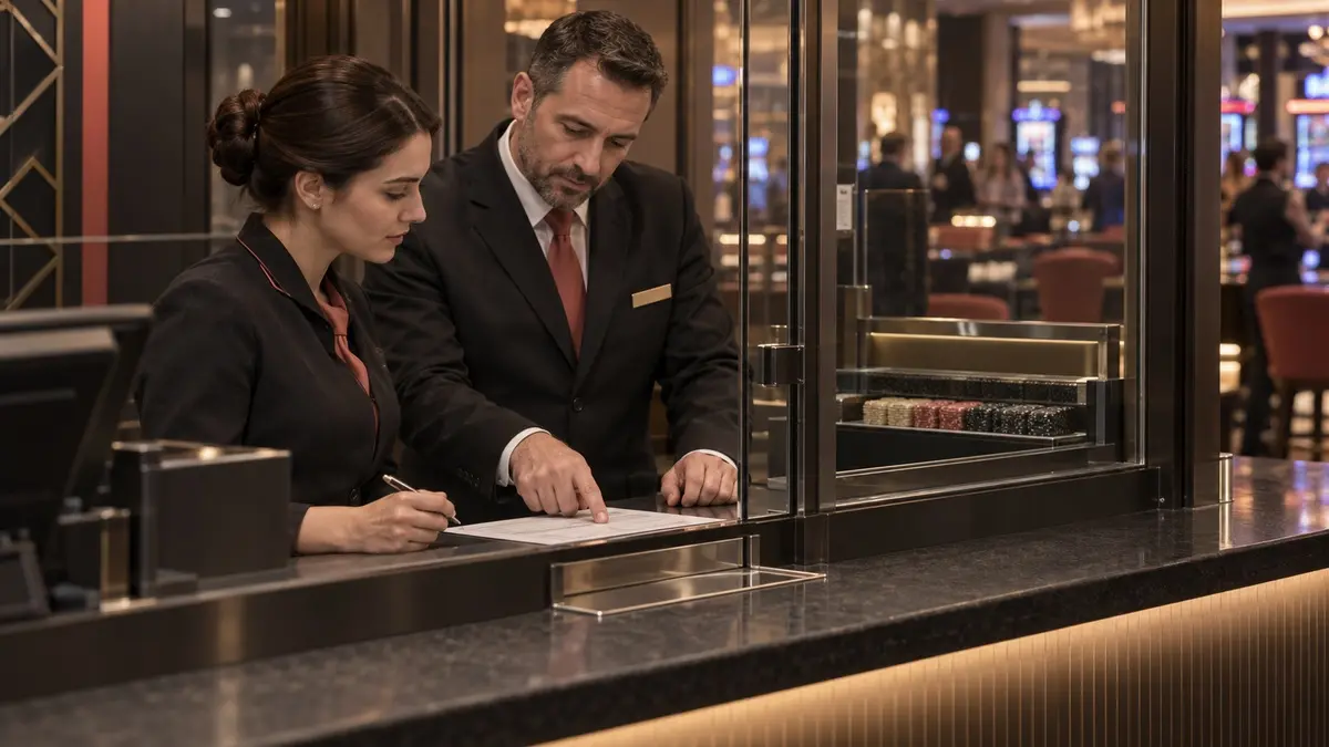 Casino kasasında discount ödeme belgesini birlikte kontrol eden kasiyer ve yönetici