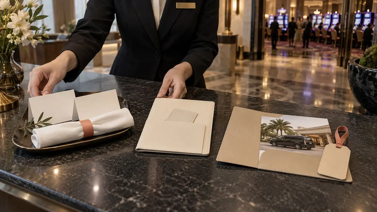 Casino misafir ilişkileri bankosunda yemek, konaklama ve transfer tekliflerini temsil eden dosyalar