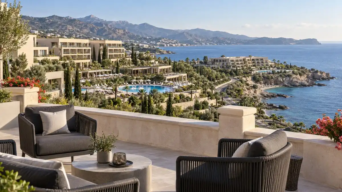 Doğu Akdeniz resort ve casino yatırımları Akdeniz kıyısındaki temsili bir resort kompleksine bakan geniş ve sakin otel terası