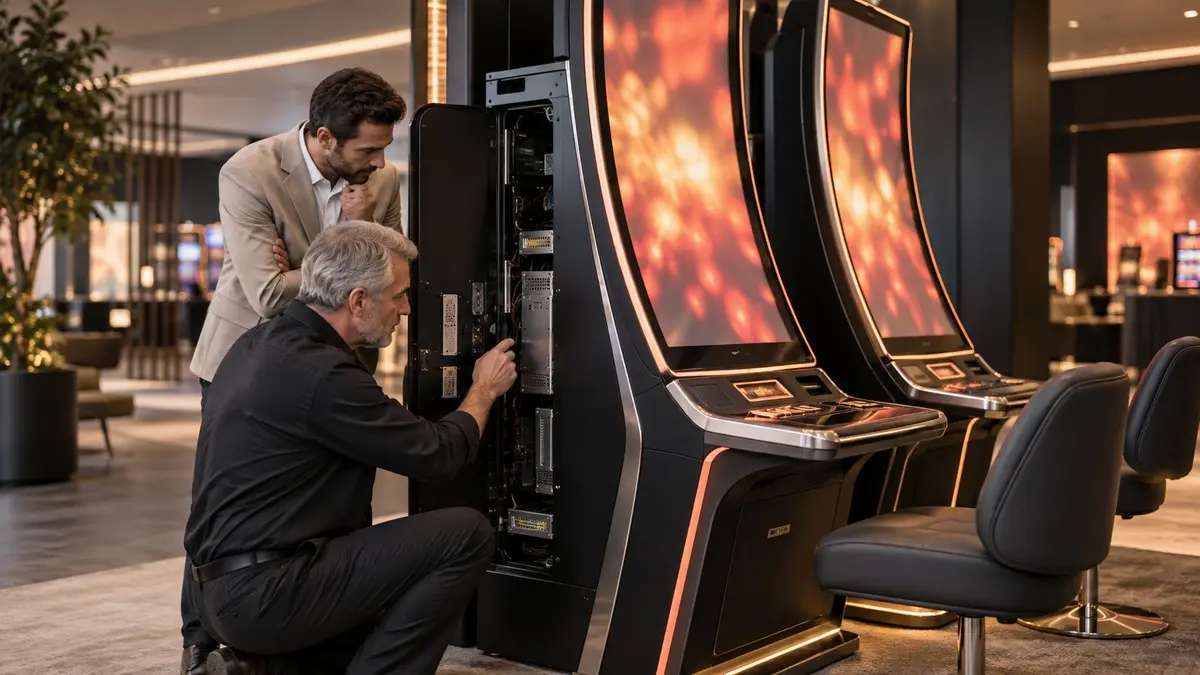 Modern slot kabininin servis bölmesini ve kavisli ekran tasarımını inceleyen iki uzman